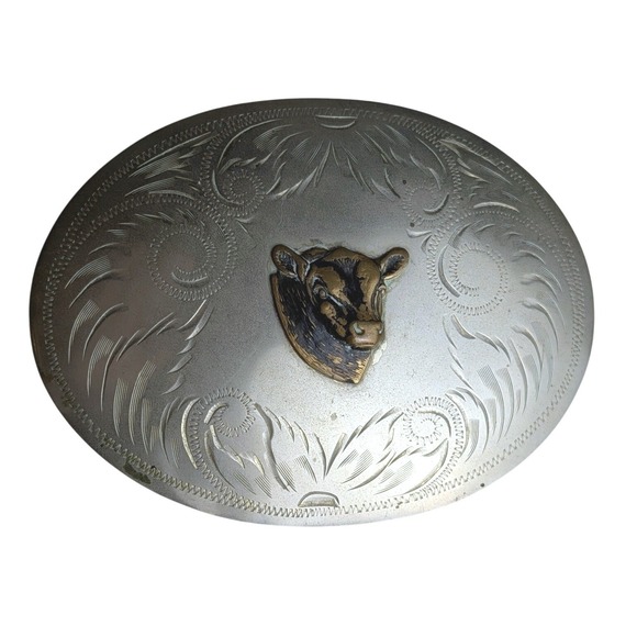 Comstock Silversmiths Other - Comstock Silversmiths German Silver Western Bull Head Engraved Belt Buckle
